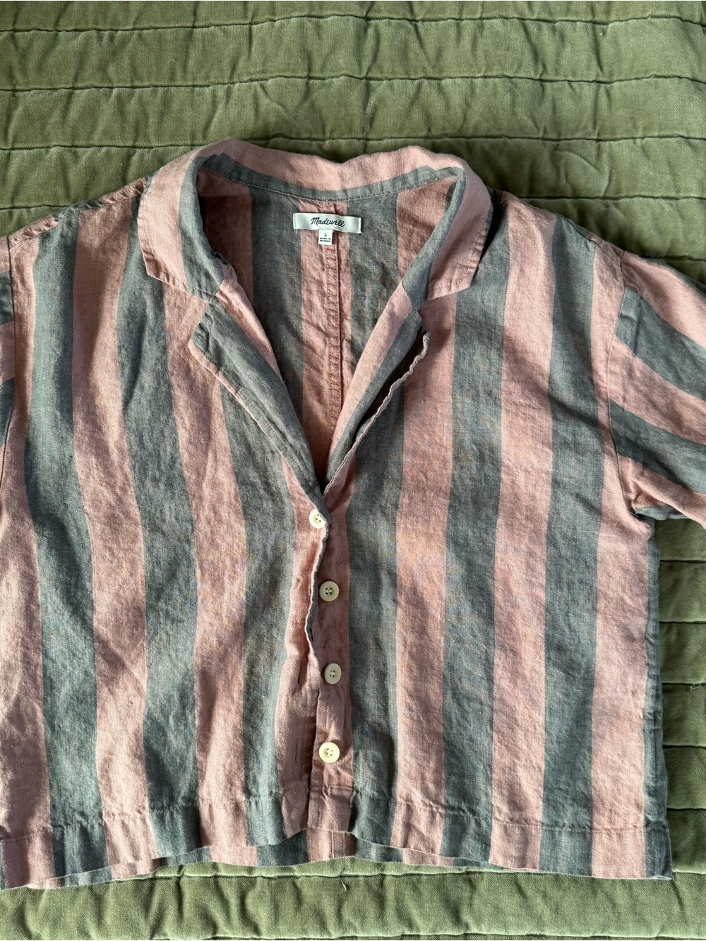 Madewell Pink and Gray Vertical-Stripe Short-Sleeve Button Box Shirt